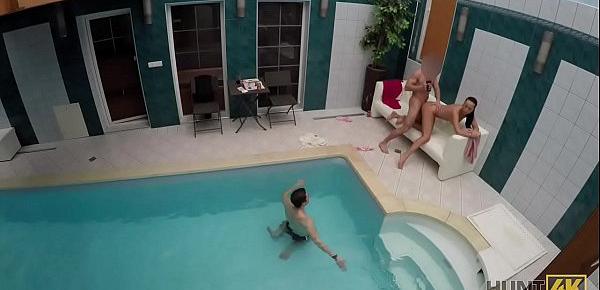  HUNT4K. Brunette picked up and nicely fucked in private poolside